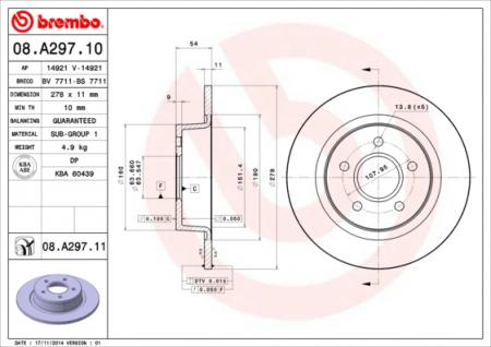 Bremsscheibe BREMBO (08.A297.11), FORD, Tourneo Connect 