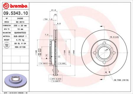Bremsscheibe BREMBO (09.5343.10), AUDI, Coupe, 80, 90 