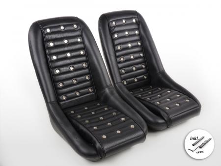 FK Oldtimersitze Araba tam kova koltukları Set Classic 1 sentetik deri siyah, baş dayanağı olmadan koşu rayları dahil 