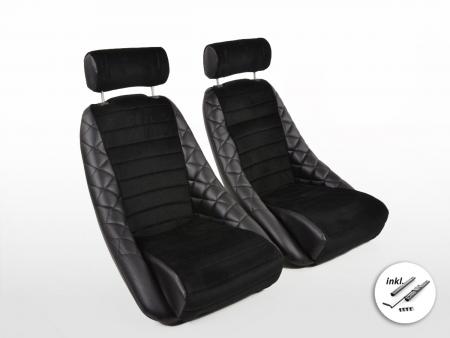 FK Oldtimer koltuklar Araba tam çanak koltuklar Set Classic 3 sentetik deri siyah, koşu rayları dahil kafalıklı 