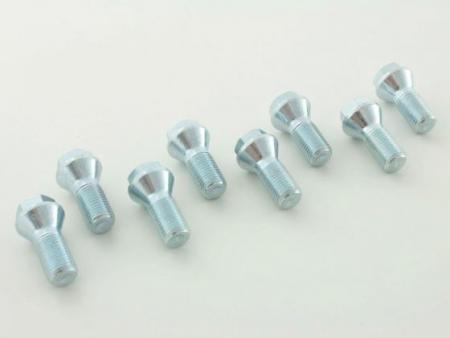 Set wielbouten (8 stuks) Schachtlengte 26 mm, conische kraag, korte kop, zilver M12x1,5 