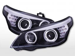 Xenon Angel Eyes headlights with illuminated LED parking light rings BMW 5 Series E60/E61 2008-2010 Black 